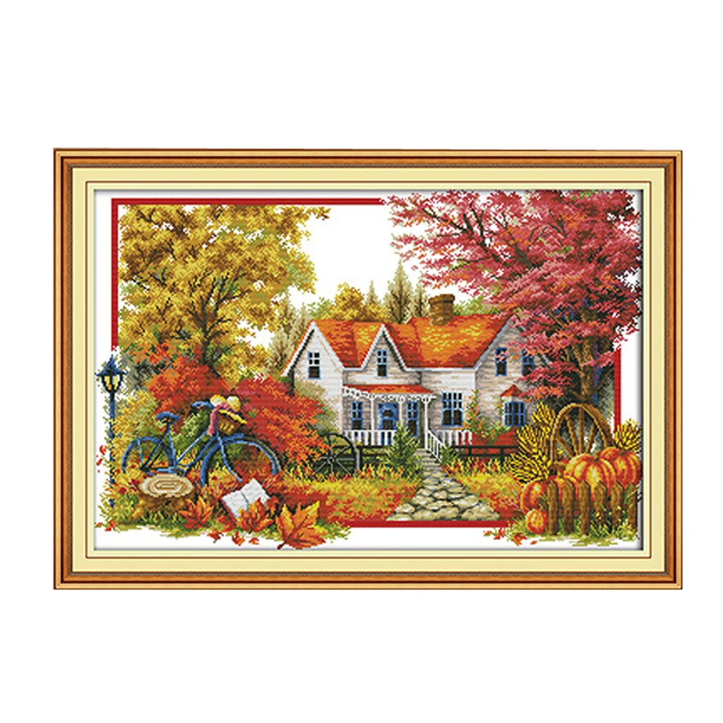 DIY Stamped Cross Stitch Landscape Kits Thread Needlework Embroidery Printed Pattern 11CT Home Decoration Autumn Seasons
