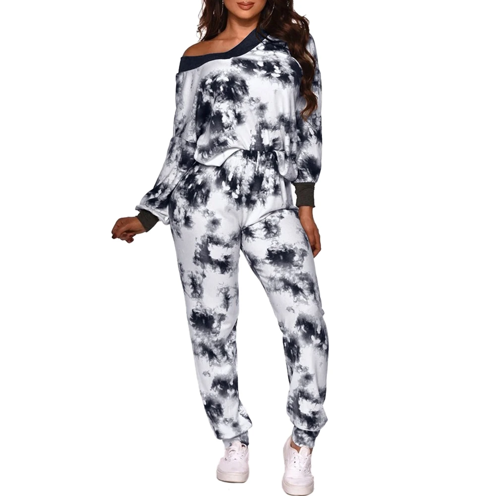 

2020 Autumn Women V Neck Tie-dye Print Outfits Long Sleeve V-neck T-shirt High Waisted Trousers Casual Style Clothes Set