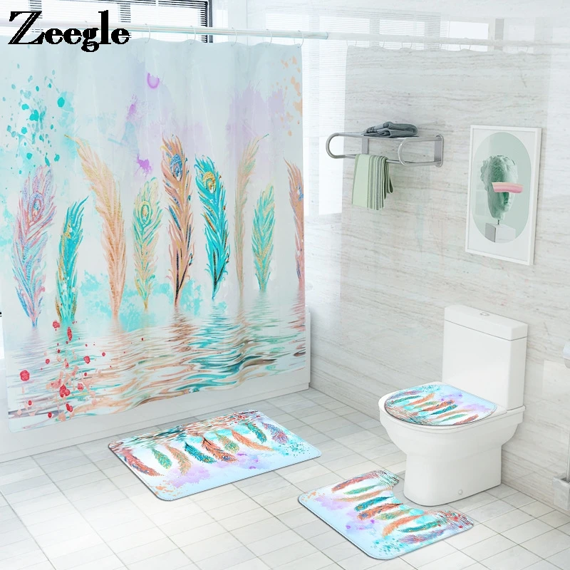 Zeegle Bath Mat and Shower Curtain Set Bathroom Carpet Toilet Seat Cover Mat Bathroom Non-Slip Mat  Set Absorbent Foot Mat