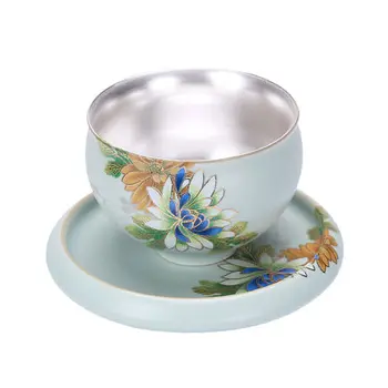 

Ru Kiln Ceramic Teacup Sterling silver 999 Pure Hand Small Cup Chinese Style Home Kung Fu Black Tea Jin Jun Mei Teaware