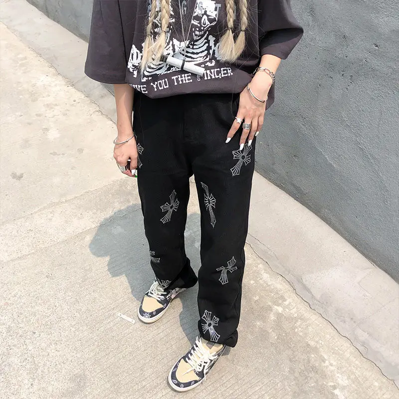 Rhinestone Cross Jeans Men and Women 