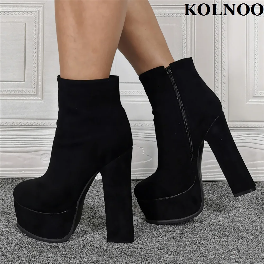 Kolnoo Handmade New Simple Style Women Chunky Heel Boots Kid-suede Platform Sexy Ankle Booties Large Size Fashion Winter Shoes