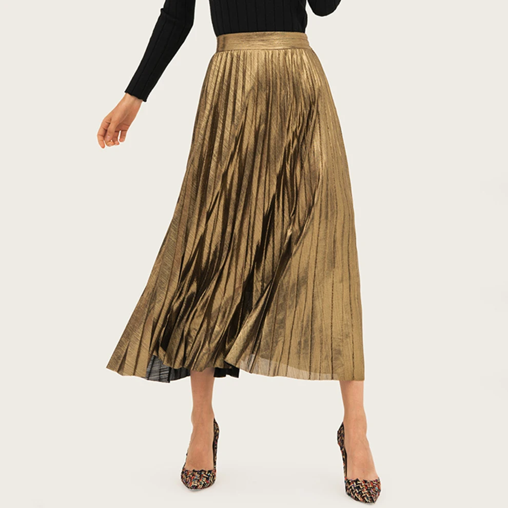 New Fashion High Waist Bronzing Elastic Pleat Half-length Basic Autumn And Winter Bottoming Skirt Casual Female Long Skirt