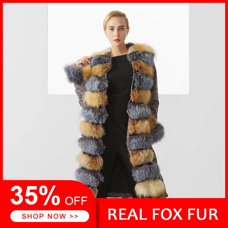 

Winter Coat Women Luxury Elegant Long Section Joker Gray And Brown Color Single Breasted Casual Warm Real Fox Fur Coat Plus Size
