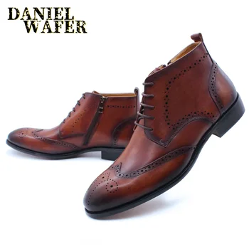 

FASHION BROGUE LUXURY MEN'S BOOTS GENUINE LEATHER SHOES ZIP LACE UP MEN WEDDING OFFICE DRESS SHOES BLACK BROWN ANKLE BOOTS MEN
