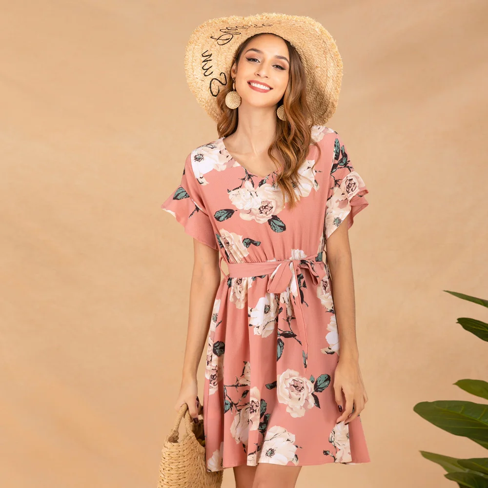 

Summer Vestido Mujer Pink Elegant A Line Casual Midi Dress 2020 Women Floral Fashion Roupa Feminina Mulher Cute Dresses Clothes