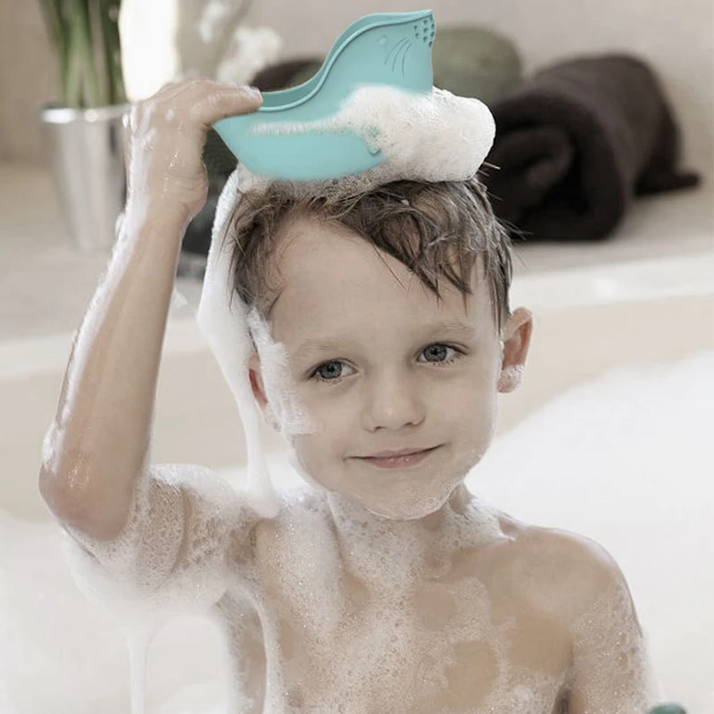 Qshare Cartoon Sea Lion Baby Shower Cap Shampoo Cup Bath Cap Children Shower Spoons Infant Washing Hair Kids Bath Tool