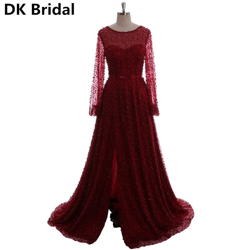 Очаровательные вечерние платья с длинными рукавами в стиле Дубаи, винно-красного цвета, 2019, круглый вырез, жемчуг, кружево, а-силуэт