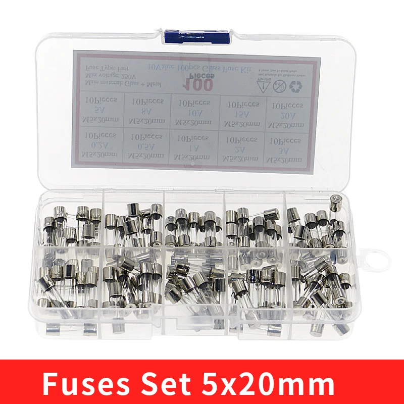 Mini Fuse Kit 100Pcs/Box 5x20mm Fast-blow Glass Fuse Assorted Kit 0.2A 0.5A 1A 2A 3A 5A 8A 10A 15A 20A Amp Fuses Electrical Fuse Tube Mix Set