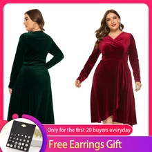 Размера плюс женское Новое с v-образным вырезом с длинным рукавом золотое бархатное платье до колен для осени и зимы