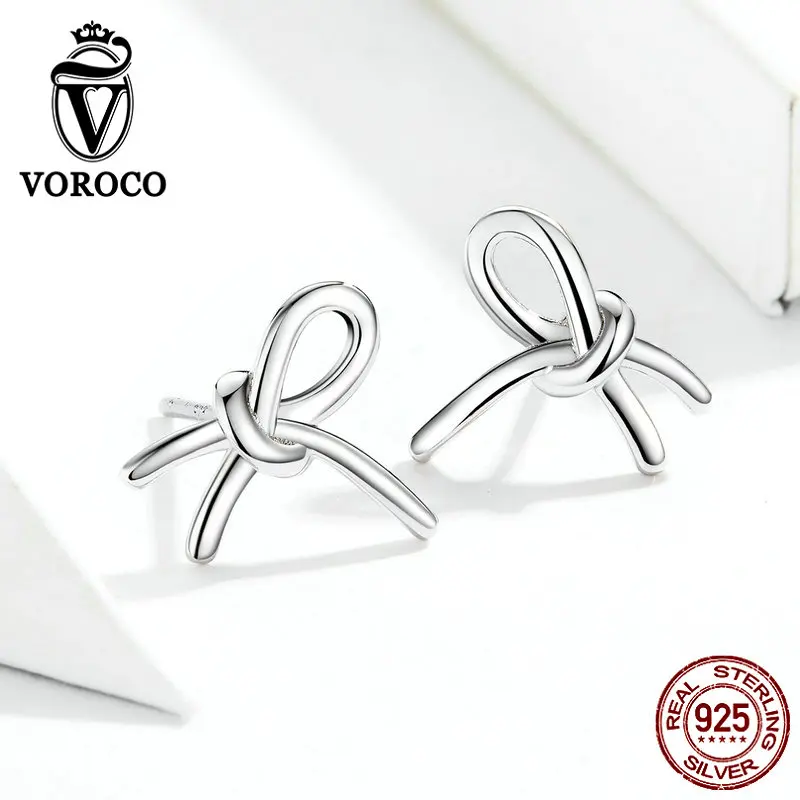 Voroco настоящий 925 пробы, серебряные серьги-гвоздики с бантом, минималистичный простой дизайн, элегантные серьги-гвоздики с бантом для женщин, Помолвочные, BKE733