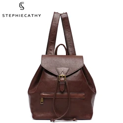 SC Cowhide Leather Backpack For Women Retro Multi Pockets Functional Flap Drawstring Knapsack Travel Shoulder Bag Casual Daypack