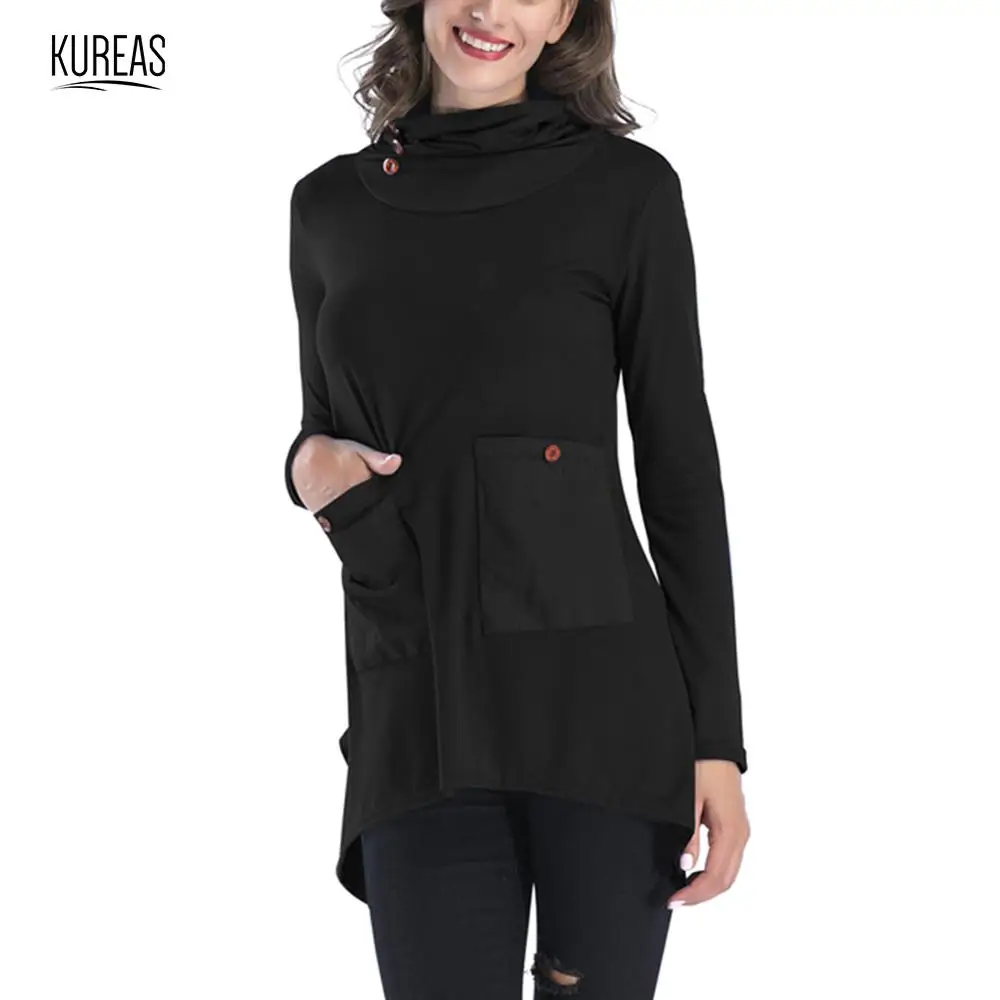 

Kureas Women T Shirt Knitted Heaps Collar Baggy T-Shirts Long Sleeve Asymmertrical Stretch Long Tops Autumn Winter Blouse