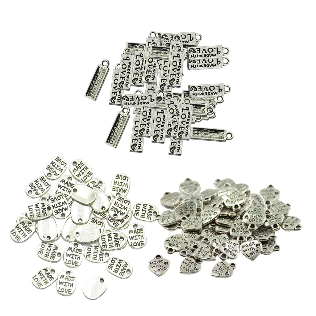 150 Pieces MADE WITH LOVE Rectangle Oval Heart Shape Pendant DIY Findings Antique silver color Making Craft