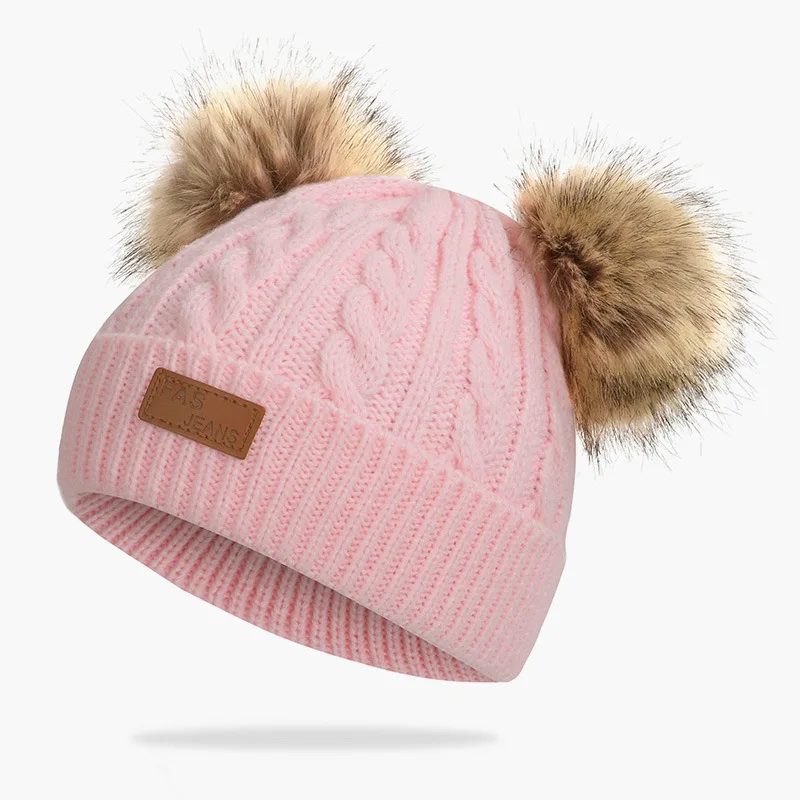 light pink Милая зимняя женская и детская вязаная шапочка с двойными помпонами, Детские шапочки для мальчиков и девочек, флисовые колпачки - Цвет: light pink