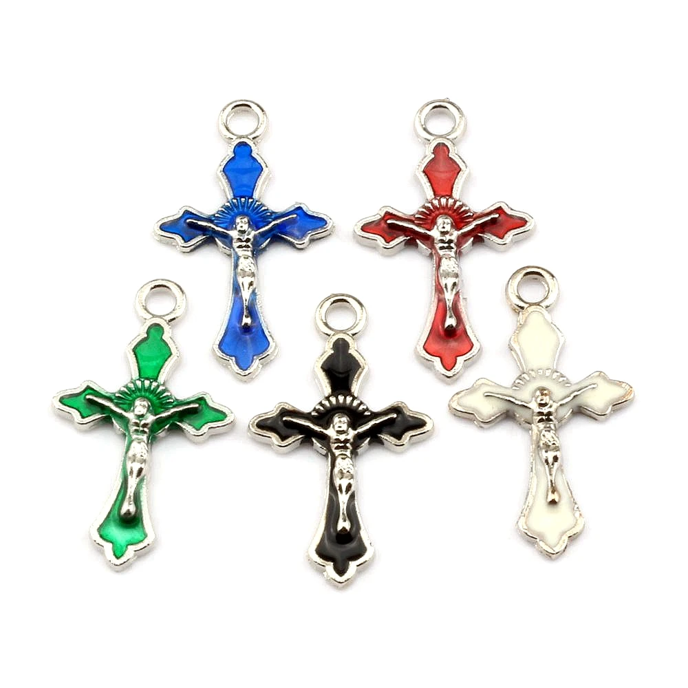 100Pcs Mix Color Enamel Crucifix Cross Charm Pendants For Jewelry Making Findings 17.5*30.5mm  A-656