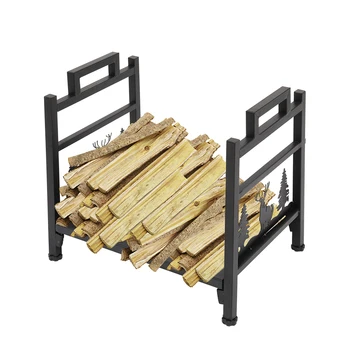 

Monolayer Fireplace Firewood Holder Stand Rack Storage Shelf Black Heavy Steel Tube Construction with Animal Pattern[US-Stock]