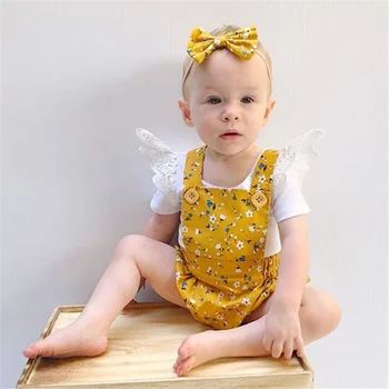 

Cute Newborn Baby Girls Lace Ruffle T-shirt+Floral Strap Romper+Headband Outfits Summer Baby Clothing Hot
