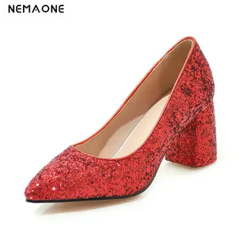 

2020 Women Pumps Pointed Toe Sequined PU Leather Square Heel Not Lace-up Square High Heels Spring Fashion Large Size 34-43