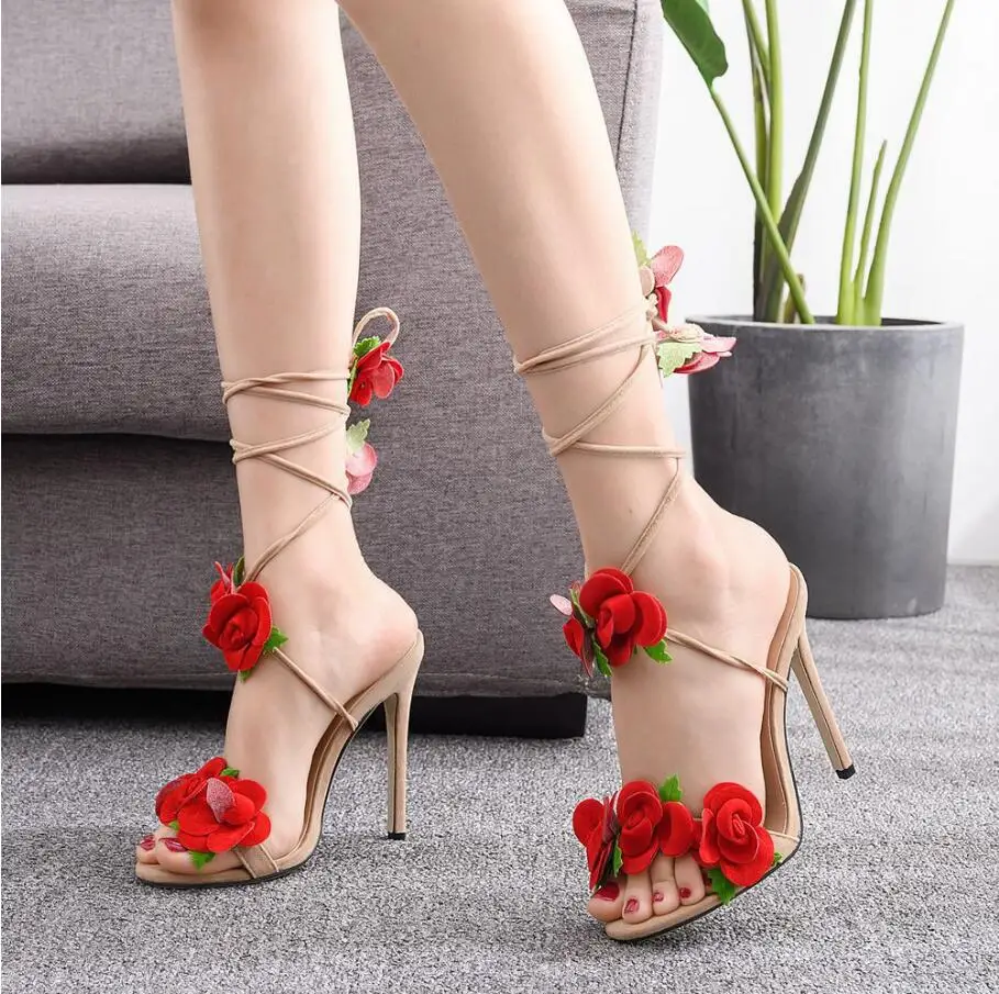 

Women's Sandals 2021 New Flowers Sandal Red Rose Flower Cross-tie High-heeled Shoes Sexy Lady High Heels Sandals Women