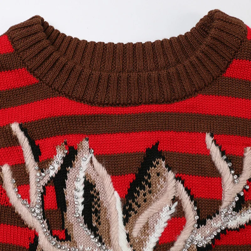Luxury Winter Women O-neck Color Stripes Cartoon Deer Embroidery Chiristmas Casual Pullover Sweater Brand Designer Jumper