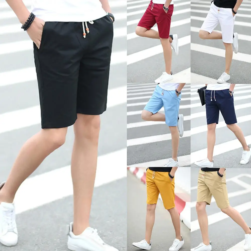 

Casual Men Shorts Plus Size Summer Shorts Solid Color Linen Drawstring Fifth Pants