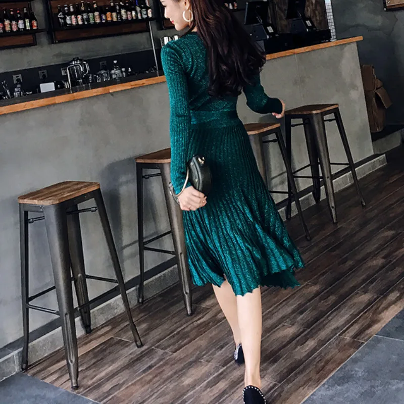 Gaganight элегантное женское облегающее платье с люрексом, длинные рукава, v-образный вырез, пояс, миди платья, Осень-зима, вязанное, Vestidos, корейское, эластичное