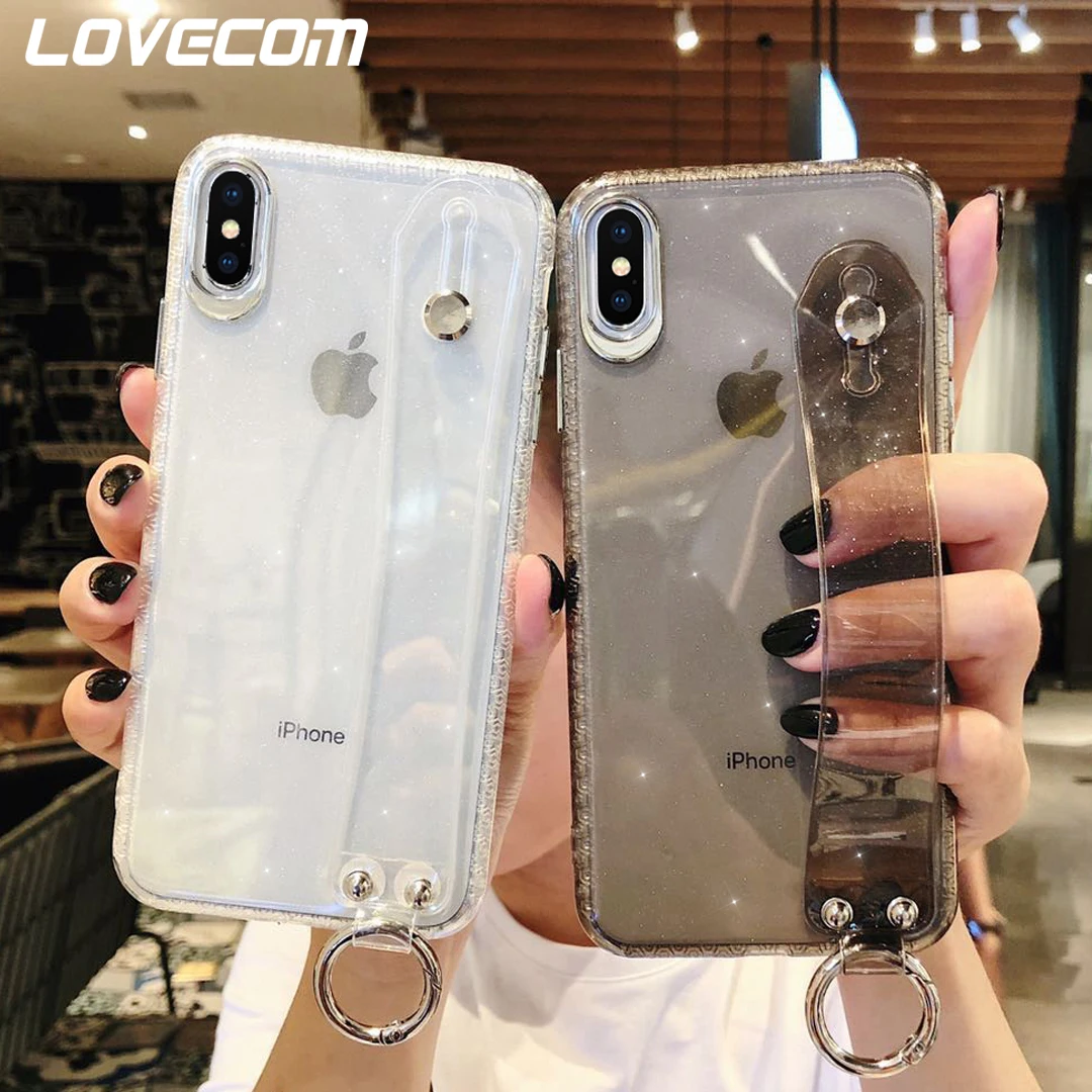 

LOVECOM Glitter Transparent Wrist Strap Case For iPhone XR XS Max 6 6S 7 8 Plus X Camera Protective Soft IMD Phone Back Cover