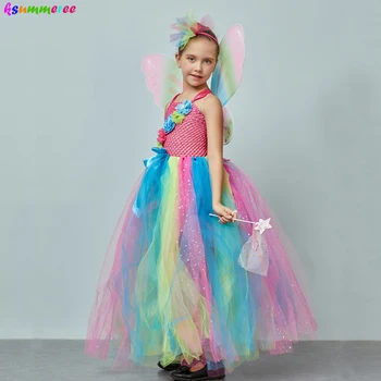 

Rainbow Fairy Girls Tutu Dress with Wings Glitter Tulle Butterfly Princess Kids Flower Dress Birthday Party Pageant Costume
