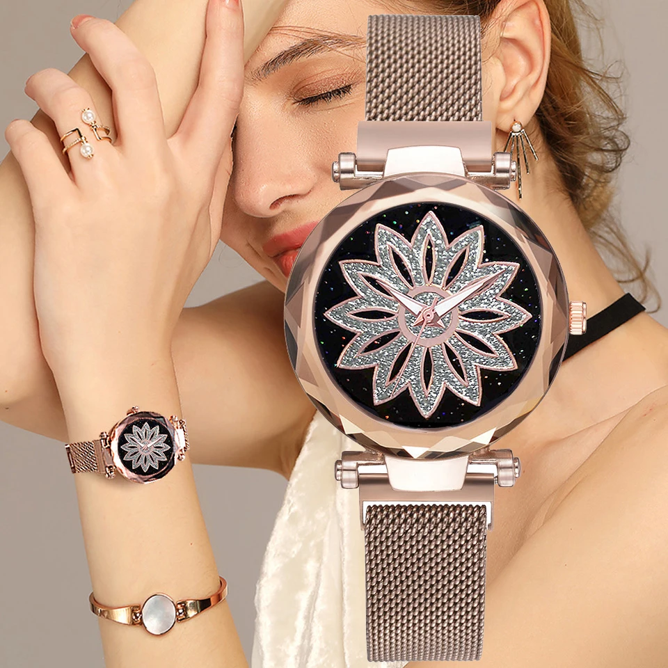 

Luxury Rose Gold Women Mesh Magnet Buckle Watches Hot Fashion Flowers Elegant Ladies Wristwatches Female clock children Watch