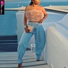 Для женщин плюс размер Высокая талия обёрточная бумага ремень джинсовые штаны с бриллиантовые пряжки светильник мыть синий уличная мода потертые джинсы