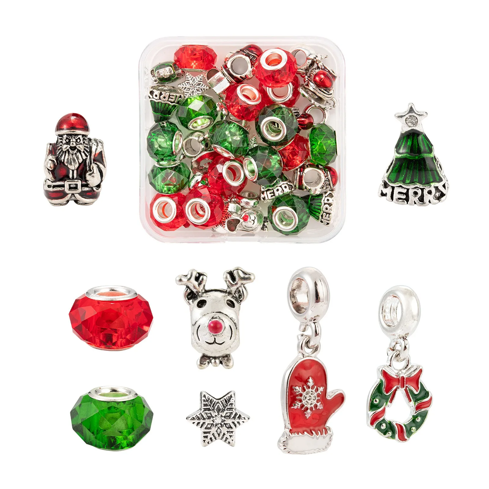 

36Pcs 8Style Christmas Themed European Style Glass Beads Sets Wreath Reindeer Snowflake Santa Claus Christmas Tree Faceted