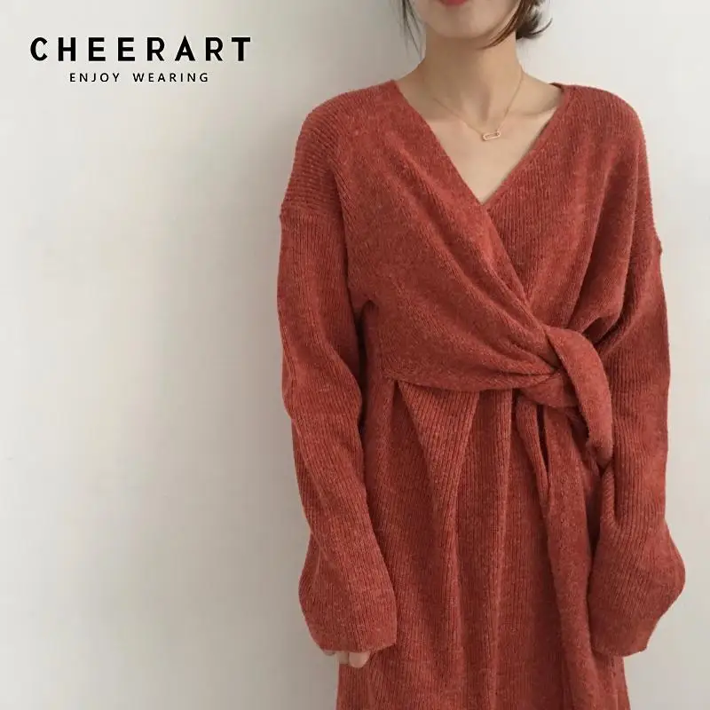 

Cheerart Sweater Dress Women Deep V Neck Wrap Knitted Dress Lace Up Long Sleeve Korean Knitting Dress Clothing Winter