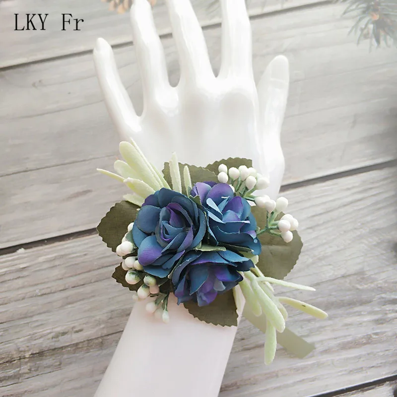 LKY Fr Corsage Wedding Boutonnieres Blue Roses Silk Bracelet Flowers Groom Man Suit Buttonhole Brooch Pins Marriage Accessories images - 6