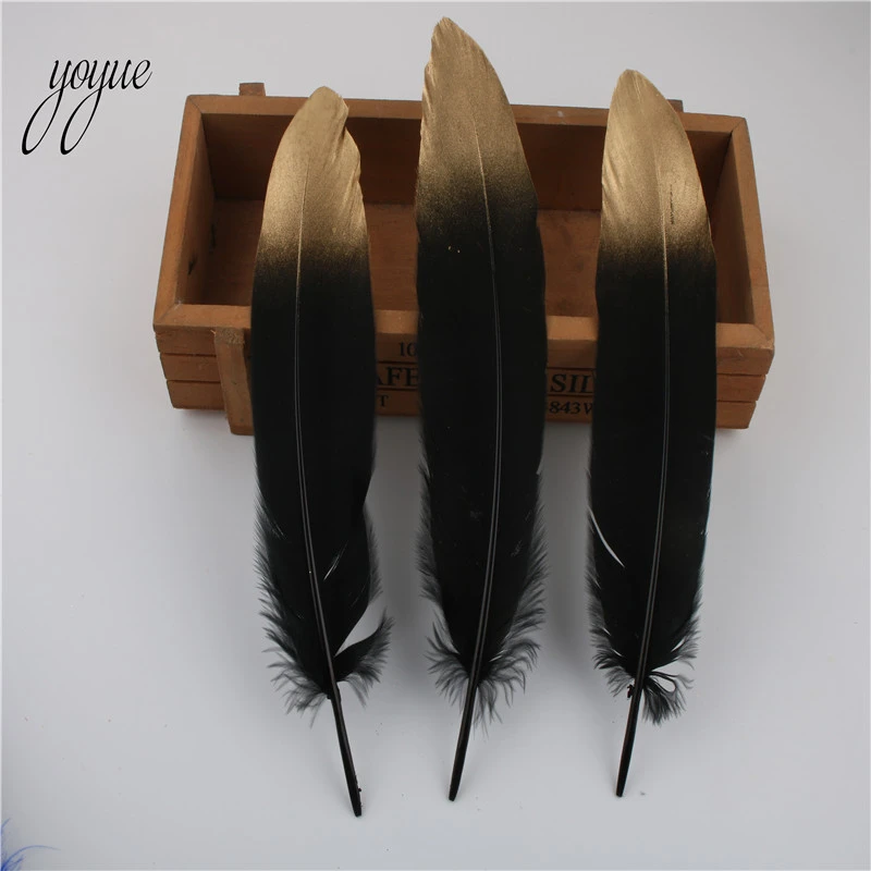 black gold 10 шт./партия, золотые гусиные перья 15-20 см/6-8 дюймов, перья для рукоделия, украшения, аксессуары, свадебное украшение шлейф - Цвет: black gold