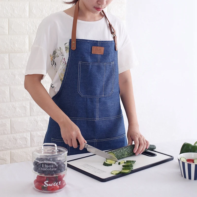 Fashion Nordic Style Whole Cotton Unisex Leather Denim Apron Coffee Shops Work Cleaning Aprons For Woman Kitchen Baking Black