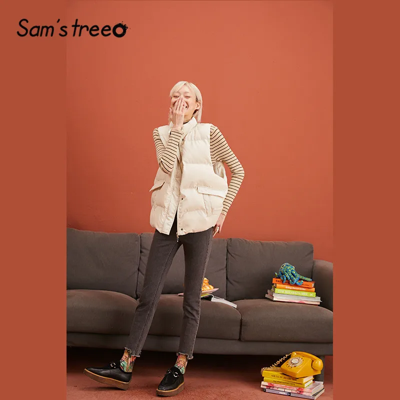 Goedkoop SAM S BOOM Zwart Solid Straight Warmness Bodywarmer Jas Vrouwen 2019 Winter Wit Pure Rits Mouwloze Oversived Vrouwelijke Outwears