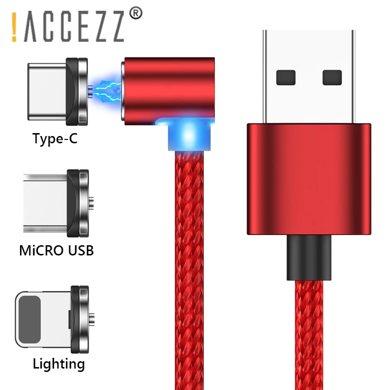 ! ACCEZZ 90 градусов Магнитный кабель светодиодное освещение для iPhone X XS XR 8 Plus Micro USB Type