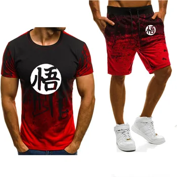 

Summer Men's T-shirt Anime Dragon Ball Z Casual Cotton Gradient Short Sleeve Son Goku Harajuku Men's T-shirt+shorts suit 2pcs