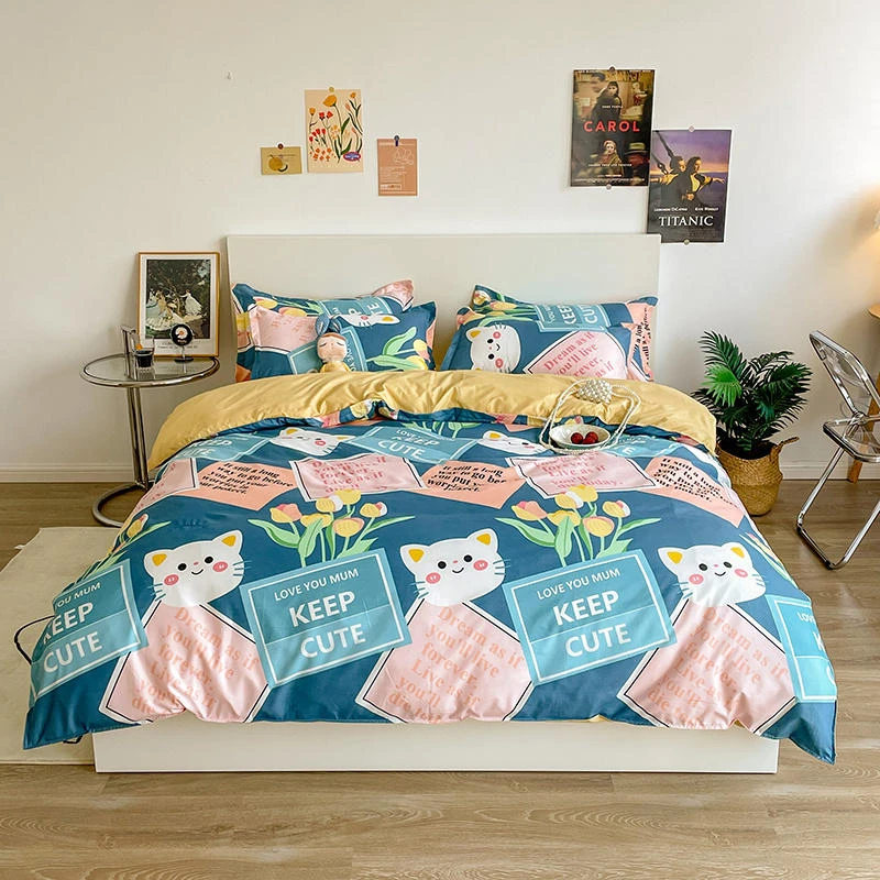 Juego de sábanas ropa de cama tamaño King con estampado de flores y gato, juego de fundas edredón con estampado de animados, 240x220|Juegos de ropa de cama| -