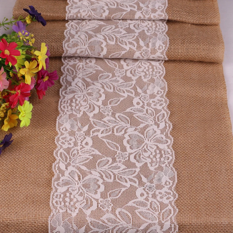 Home Family Rustic Jute Hessian Burlap Lace Patchwork Table Runner Home Wedding Party Table Decoration