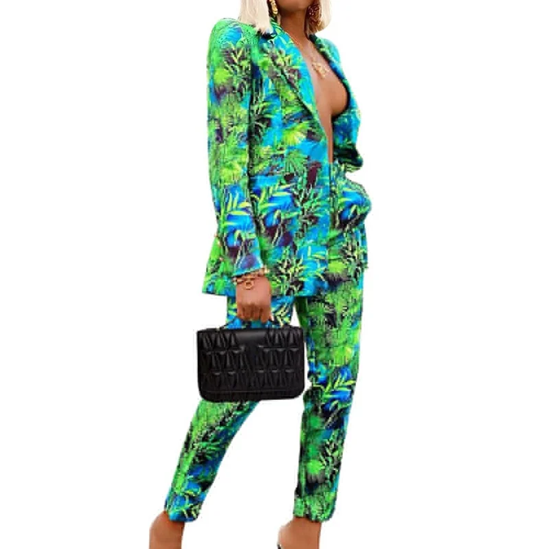 Single Breasted Green Print Long Sleeve Blazer Jacket + Pant Female Two Piece Set Blazer Suit Women Fashion Spring Autumn Suit