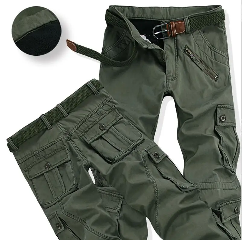 Мужские Зимние флисовые брюки, плотные теплые брюки-карго, повседневные меховые длинные брюки с карманами, Модные свободные мешковатые мужские брюки для бега - Цвет: Army green