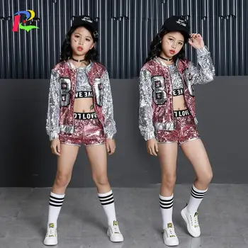 

Kids Girl Sequin Dancing Pink Silver Jacket Coat Crop Top Shorts 3pcs Sets Hip-hop Jazz Dance Clothes Children Sets