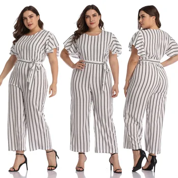 

Summer Temperament Commute Striped Women's Jumpsuit with Lace Up Round Neck Short Sleeve Slim Straight Jumpsuit Plus Size