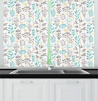 

Seafoam Warm Taupe Botanical Kitchen Curtains Doodle Style Print Branches Herbs Circles Drawn by Hand for Kitchen Cafe Decor