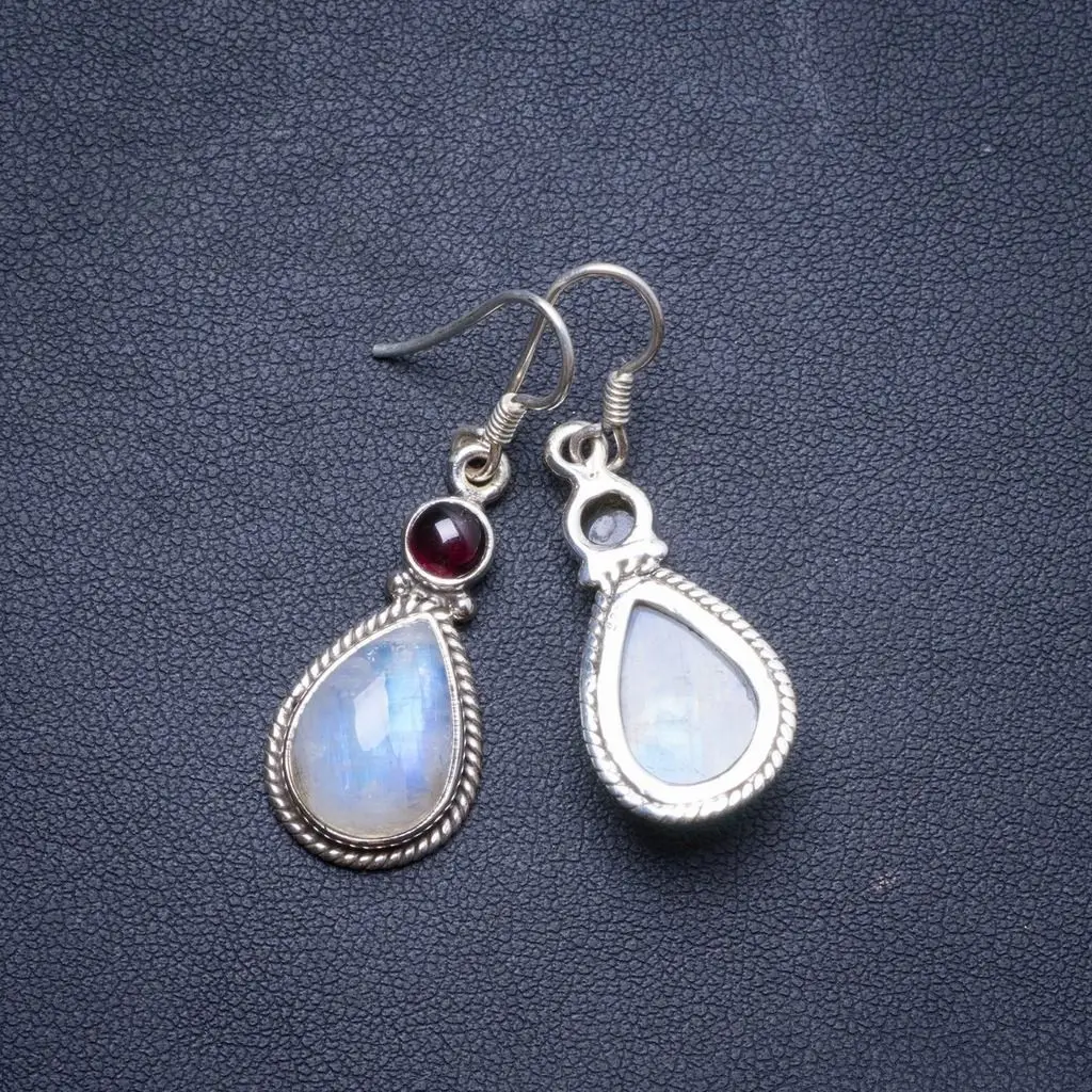 

Natural Rainbow Moonstone and Amethyst Handmade Unique 925 Sterling Silver Earrings 1.75" X4206