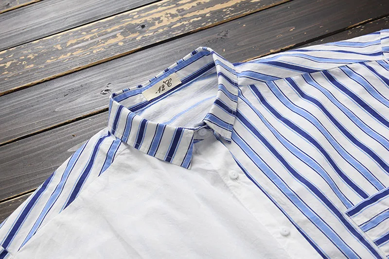 Короткая Лоскутная полосатая рубашка для женщин уличная работа Blusas отложной воротник с длинным рукавом Осень нерегулярные блузки синий карман
