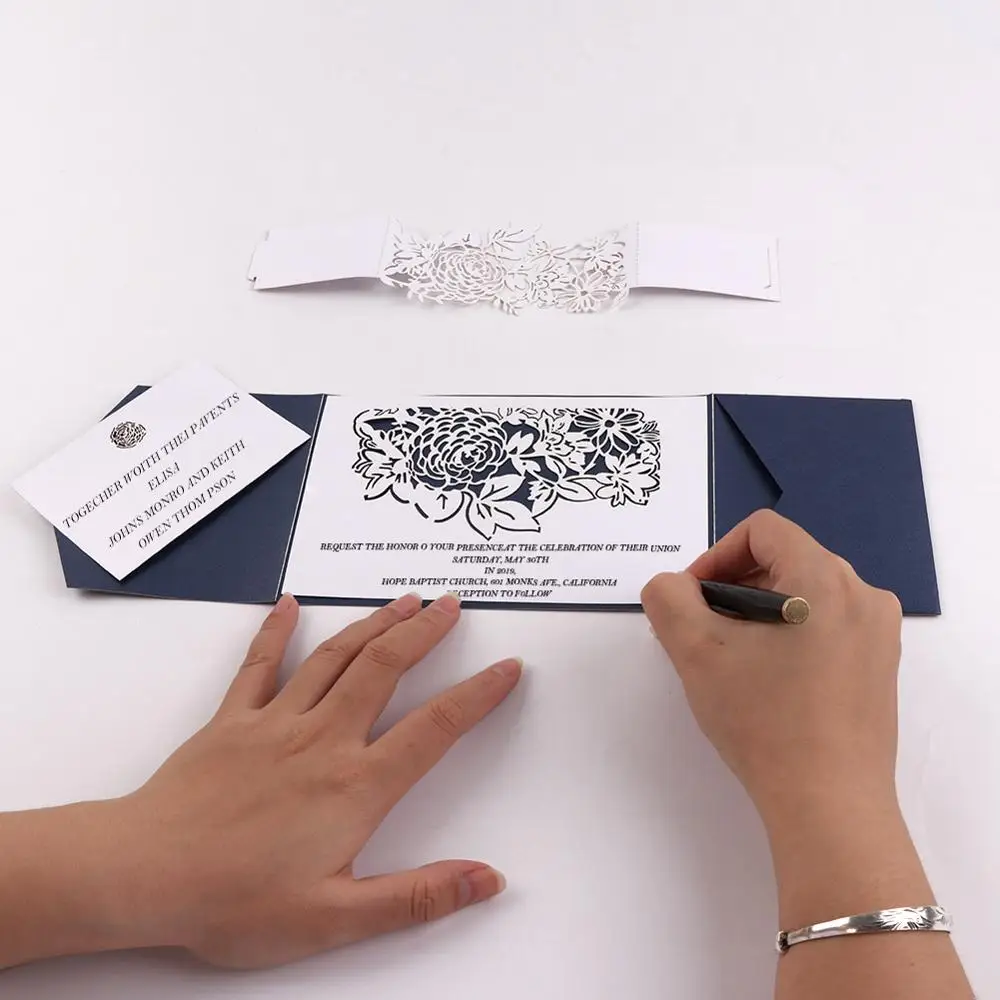  OurWarm 10Pcs Laser Cut Flower Wedding Invitations with Envelopes Pocket Invites Navy Blue Tri-Fold - 4000409661828