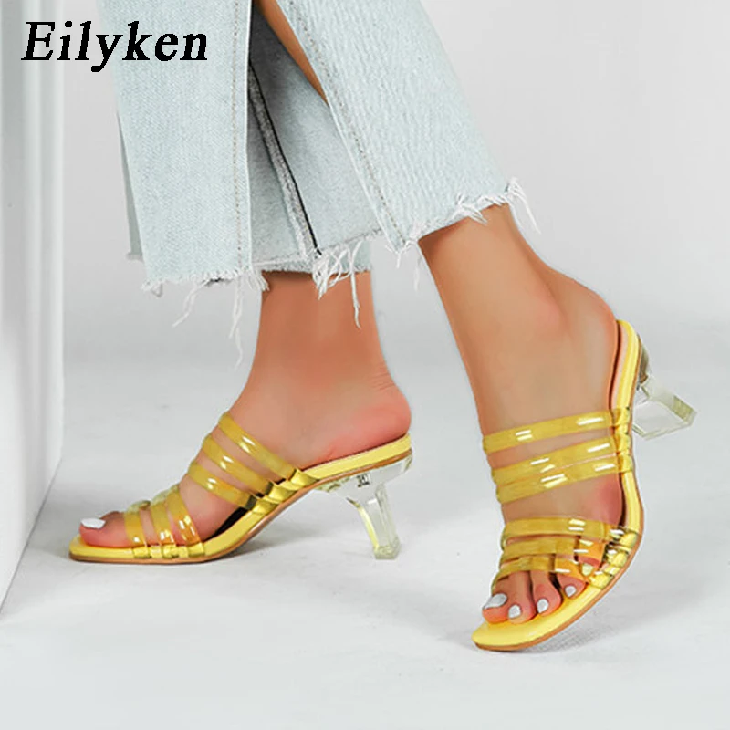 Eilyken/пикантные прозрачные женские шлепанцы из пвх; летние модные туфли на высоком квадратном каблуке со змеиным узором и прозрачными кристаллами